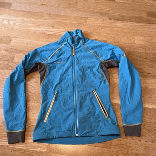 Mammut Windbreaker Shell Rain Jacket Hiking Womens XS Full Zip Blue Grey Flaw*