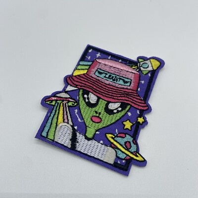 Embroidered Alien in Bucket Hat ''I Exist'' Iron-On / Sew-On Patch 3 inch