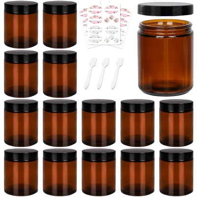 8 oz Amber Glass Jars,16 Pack Empty Cosmetic Containers with Inner Liners and...