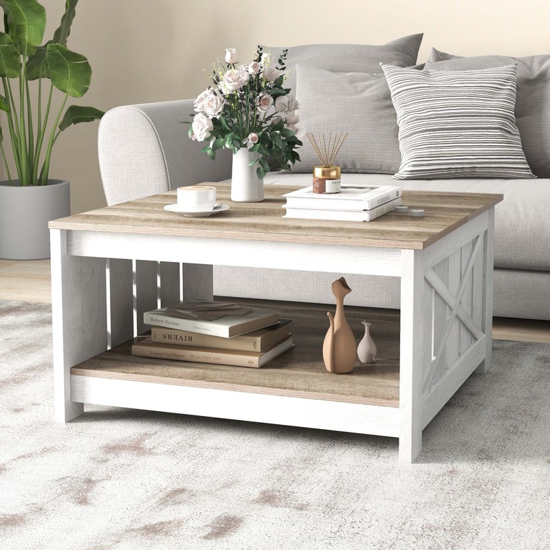 Xelsyo Square Coffee Table Rustic Cocktail Center Table with Bottom