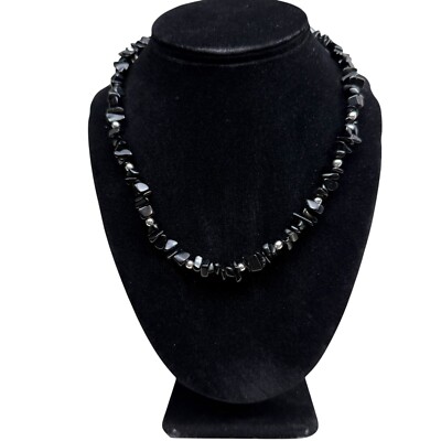 FAS 925 Sterling Silver Black Onyx Beaded Stone Chip Necklace Jewelry 9 in L