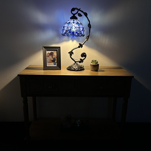 Tiffany Style Table Lamp Baroque Style Lavender Blue Stained Glass 21"H
