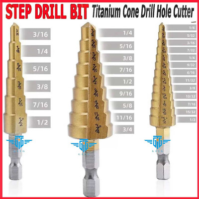 3Pcs Drill Bit Set Titanium Nitride Coated Steel Step Quick Change 1/4 Shank HSS