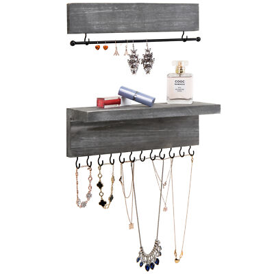 MyGift 2 Piece Set of Wall Mounted Ash Gray Wood Hanging Jewelry Organizer Racks