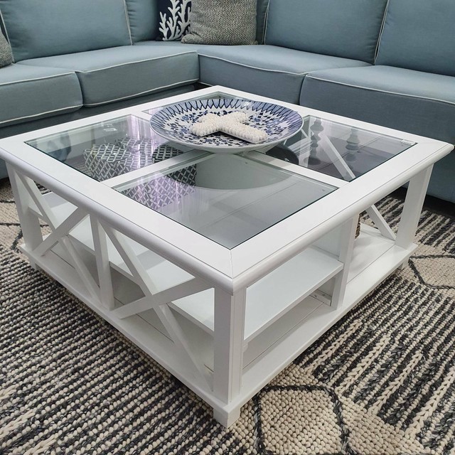 Emily Timber Square Glass Top Coffee Table White, 100 x 100cm | Coffee