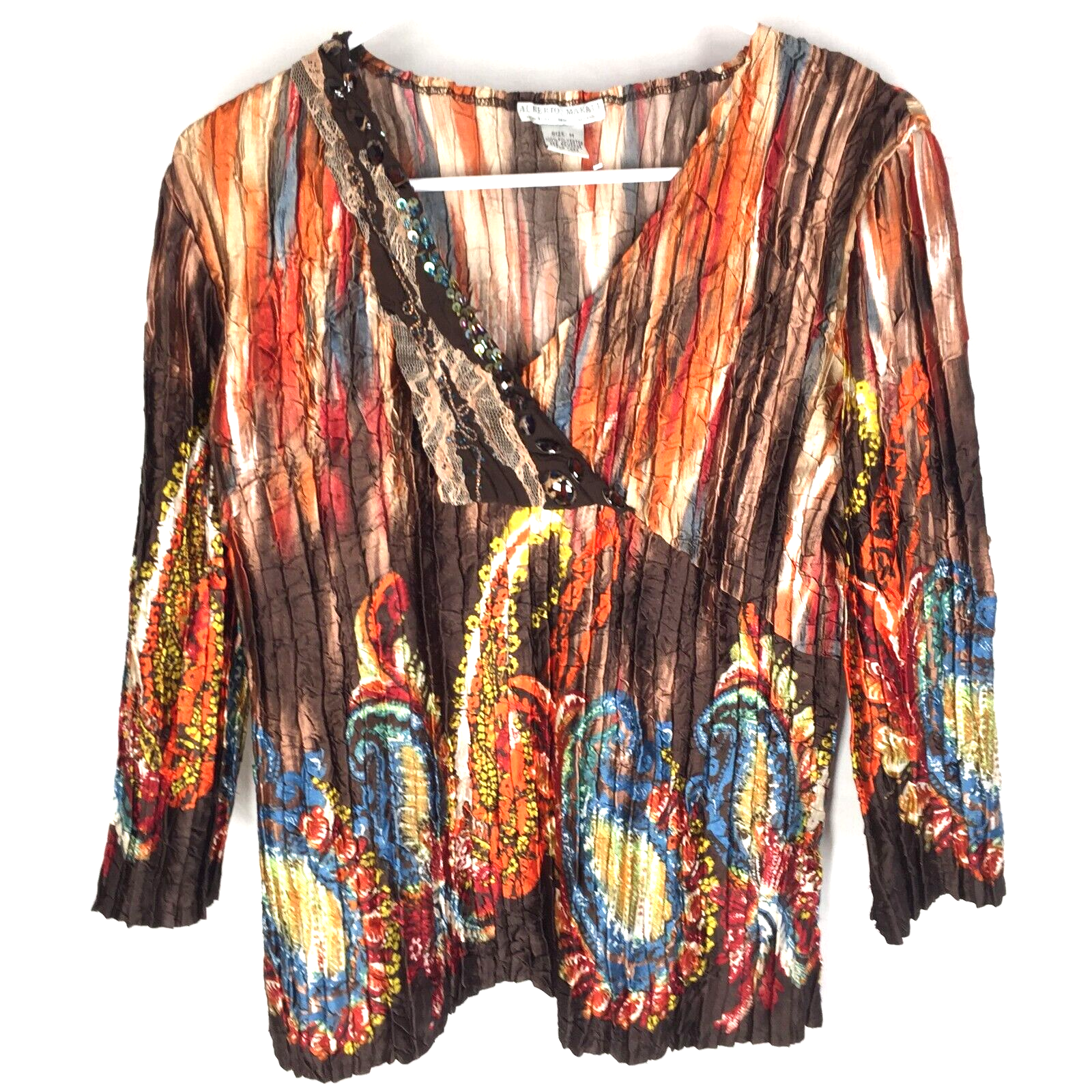 ALBERTO MAKALI Blouse Top Size Medium Embellished Crinkle
