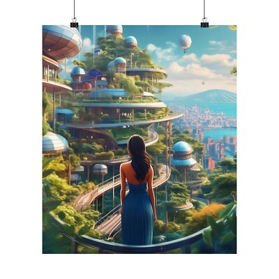 woman admiring a perfect utopian futuristic city posters 17''x20''
