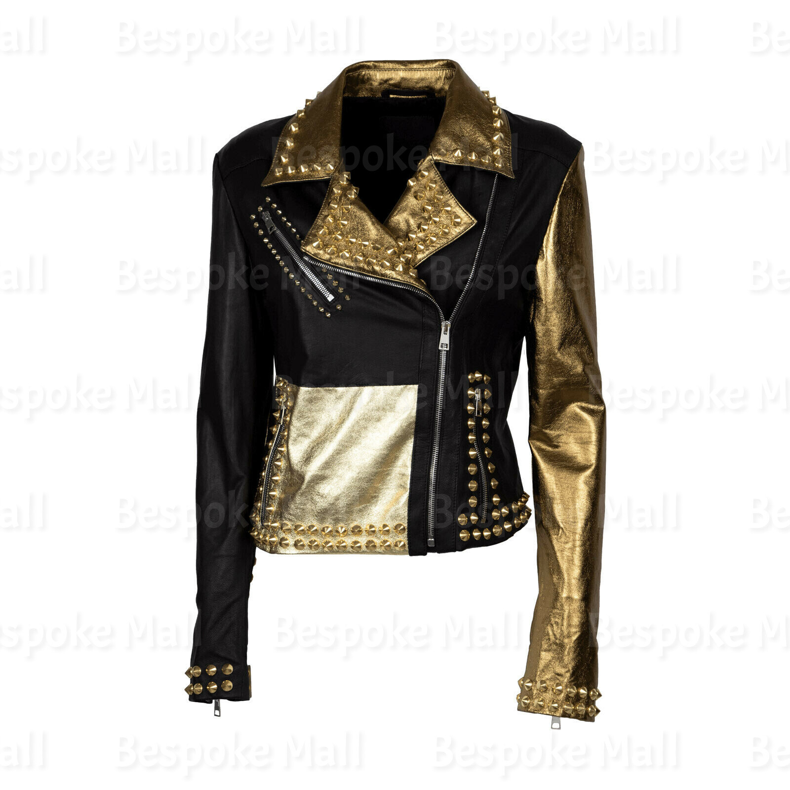 Pre-owned Handmade Women's Black Golden Studded Brando Stylish Cowhide Biker Leather Jacket-661 In Golden Black