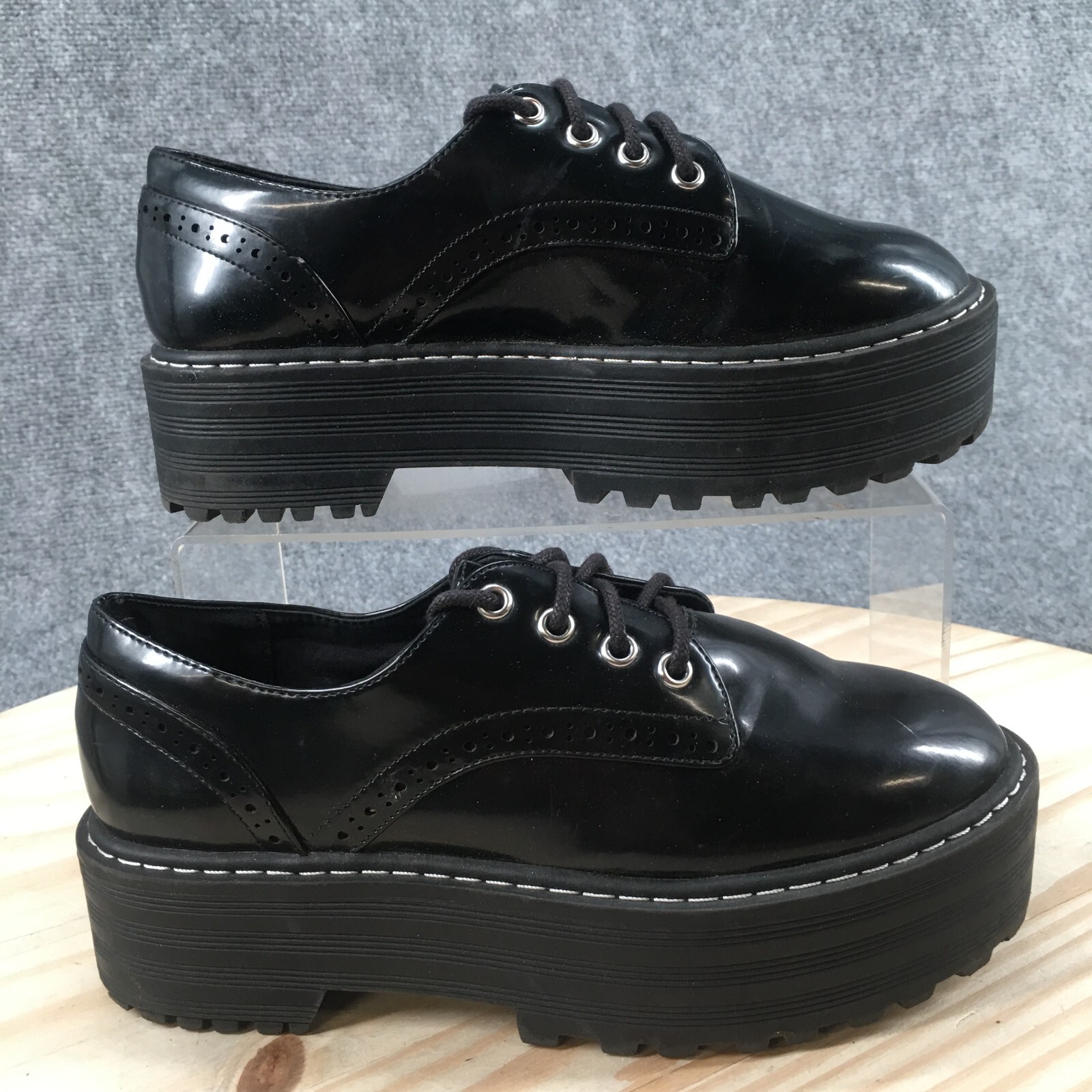 ldifferent material platform shoes ブラック Amazon.com | IUY Oxford Shoes for Women Patent Leather Shoe