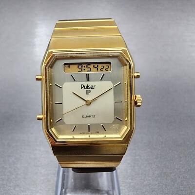 Pulsar Watch Men 31mm Champagne Dial Gold Tone Analog Digital Alarm Chrono READ!