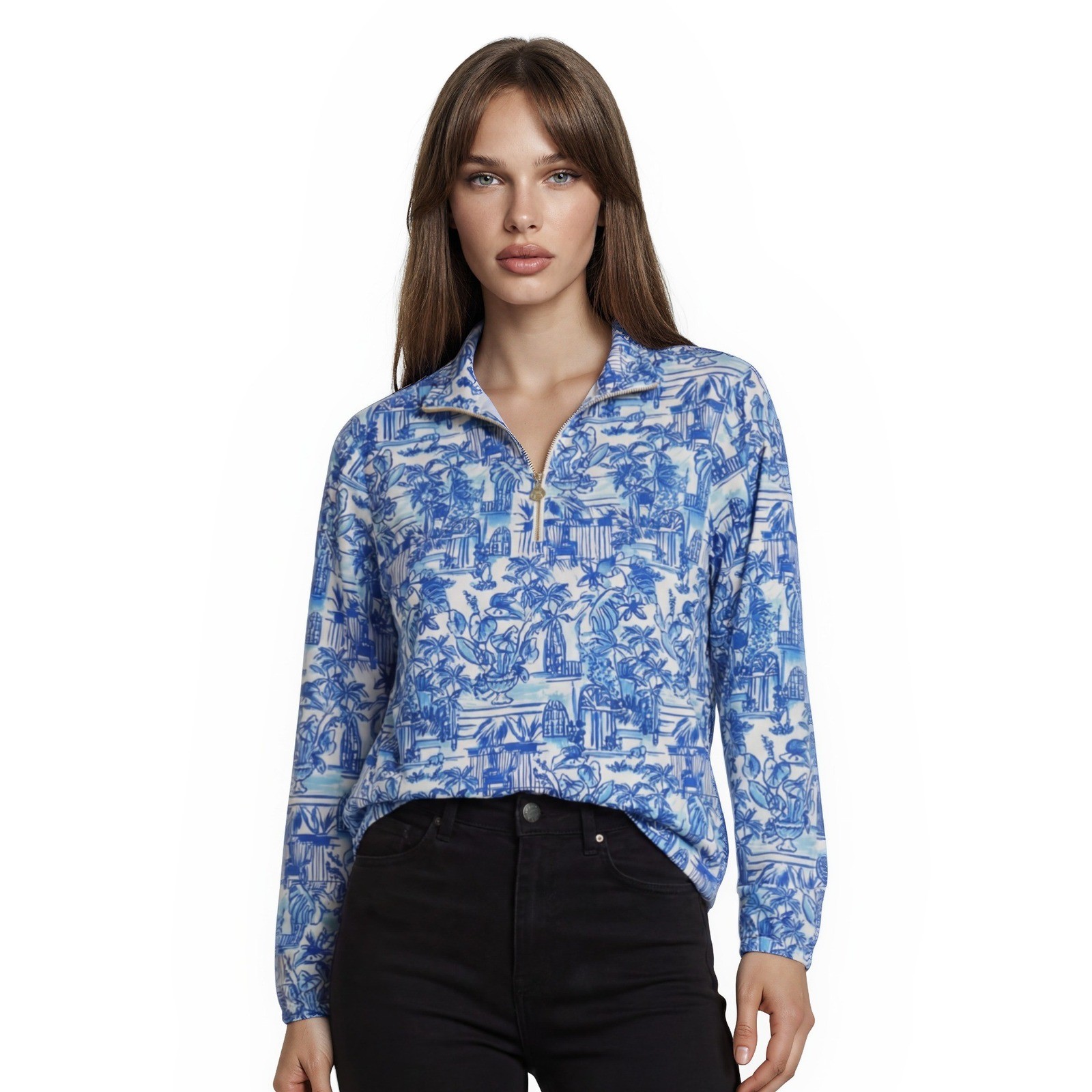 Stella Parker Top Women's XL Petite XLP Blue White Tropical Toile Pullover Golf