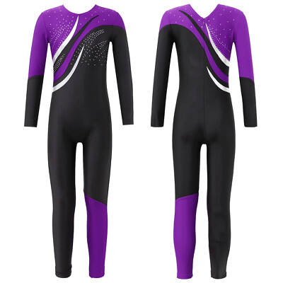 Kids Girls Dance Jumpsuit Long Sleeve Dancewear Team Group Dance Leotard Shiny