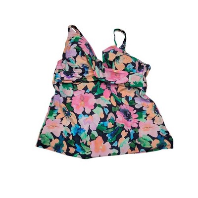 Island Escape Floral Tankini Top Swimsuit Navy Pink Green Orange Blue Size 10