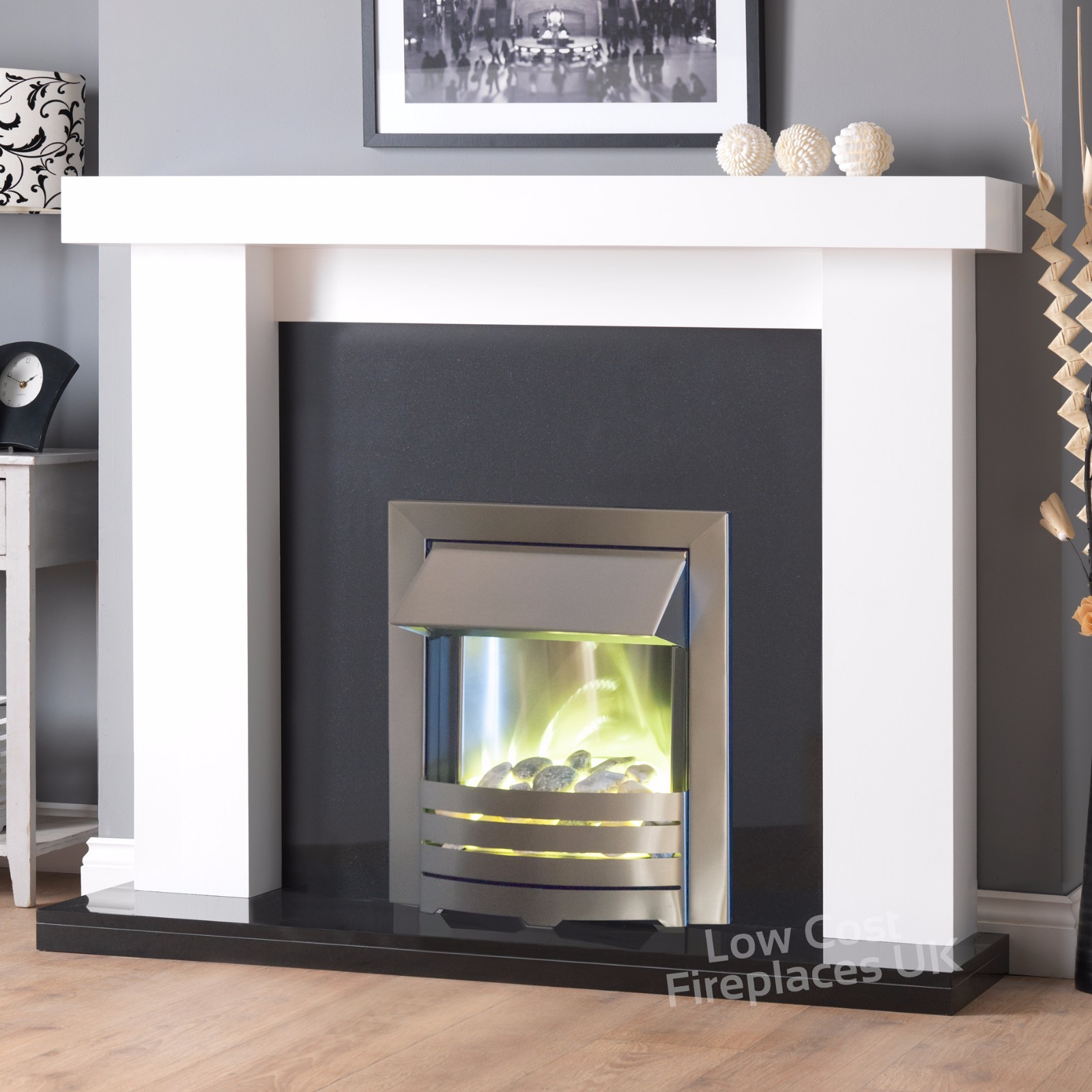Electric White Surround Black Marble Wall Silver Fire Large