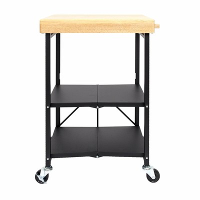 Origami Foldable Wheeled Portable Solid Wood Top Kitchen Island Bar Cart Black