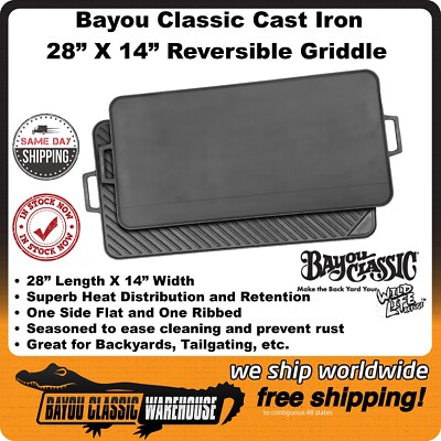 Bayou Classic 28'' X 14'' Cast Iron Reversible Rectangular Griddle 7428 Heavy Duty