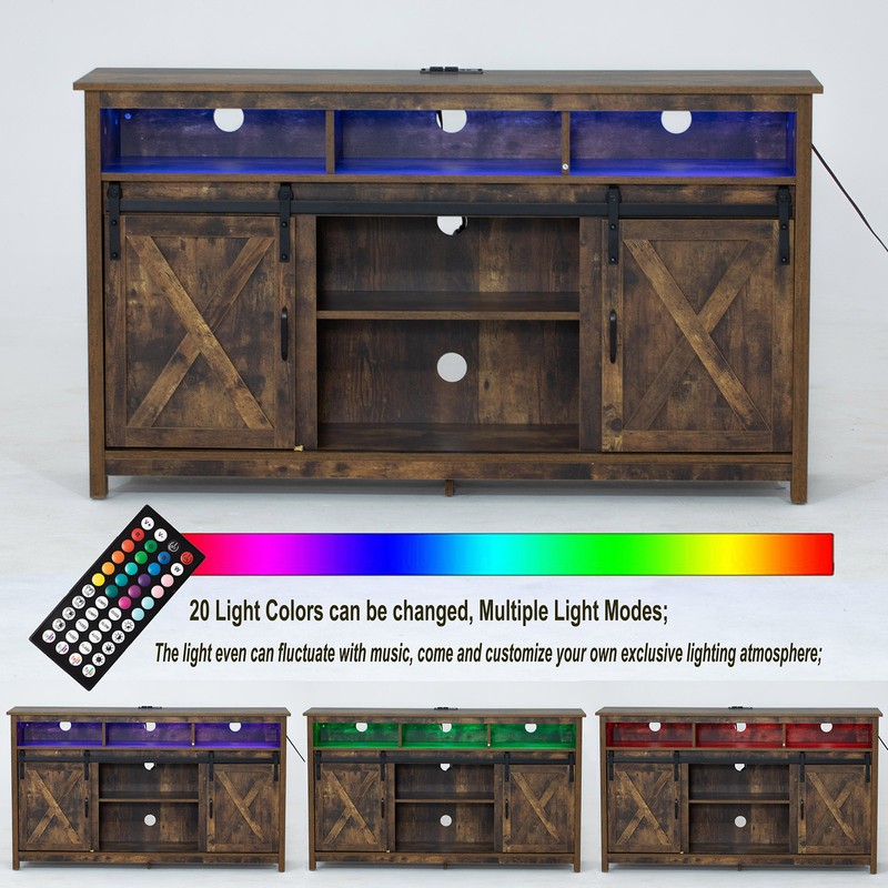 Farmhouse LED Coffee Bar Cabinet Barn Door Sideboard Buffet with Power Outlet