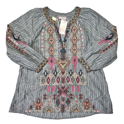 Johnny Was Sz S/M Yadani Malta Blouse Peasant Top Boho Embroidered Gray NWT