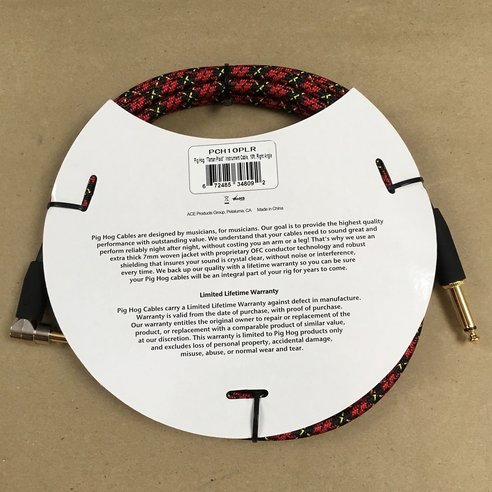 Pig Hog 10' Right Angle Vintage Woven Instrument Guitar Cable 10ft Tartan PLAID