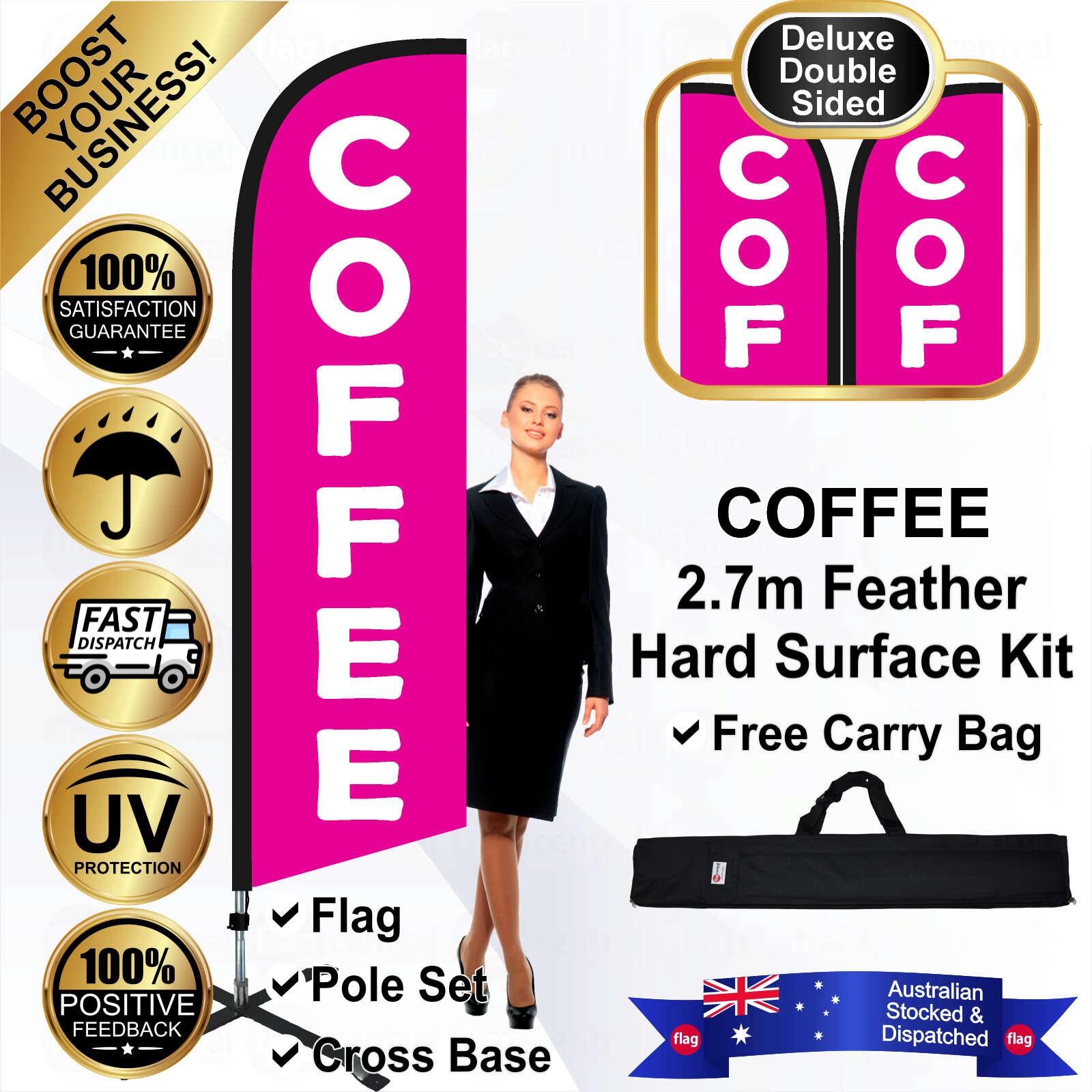 COFFEE Deluxe Double-Sided Pink 2.7m Feather Flag / Banner Kit with Pole Set, Steel Outdoor Cross Base and a Free Carry Bag