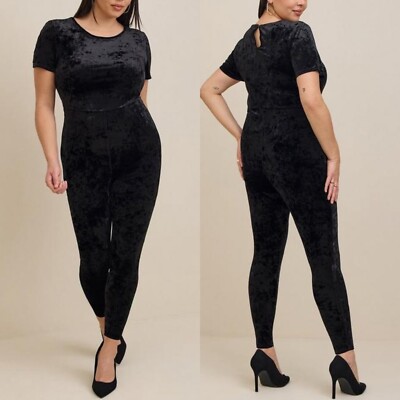 Torrid Women's 2X 18-20 Full Length Crushed Velvet Short Sleeve Catsuit, Black