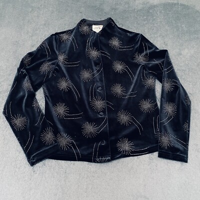 J.B.S. Ltd Black Velvet Starburst Sparkle Glitter Button Front Top Womens Sz M