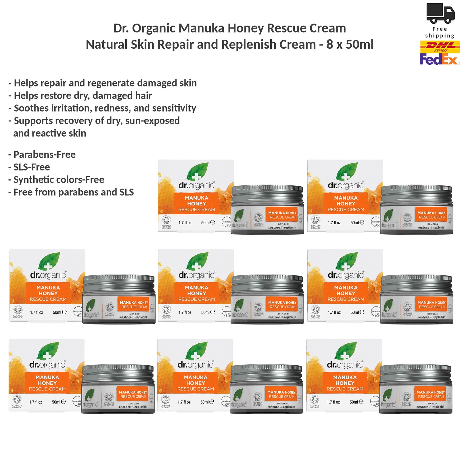 Dr. Organic Manuka Honey Rescue Cream Natural Skin Repair 8 x 50ml