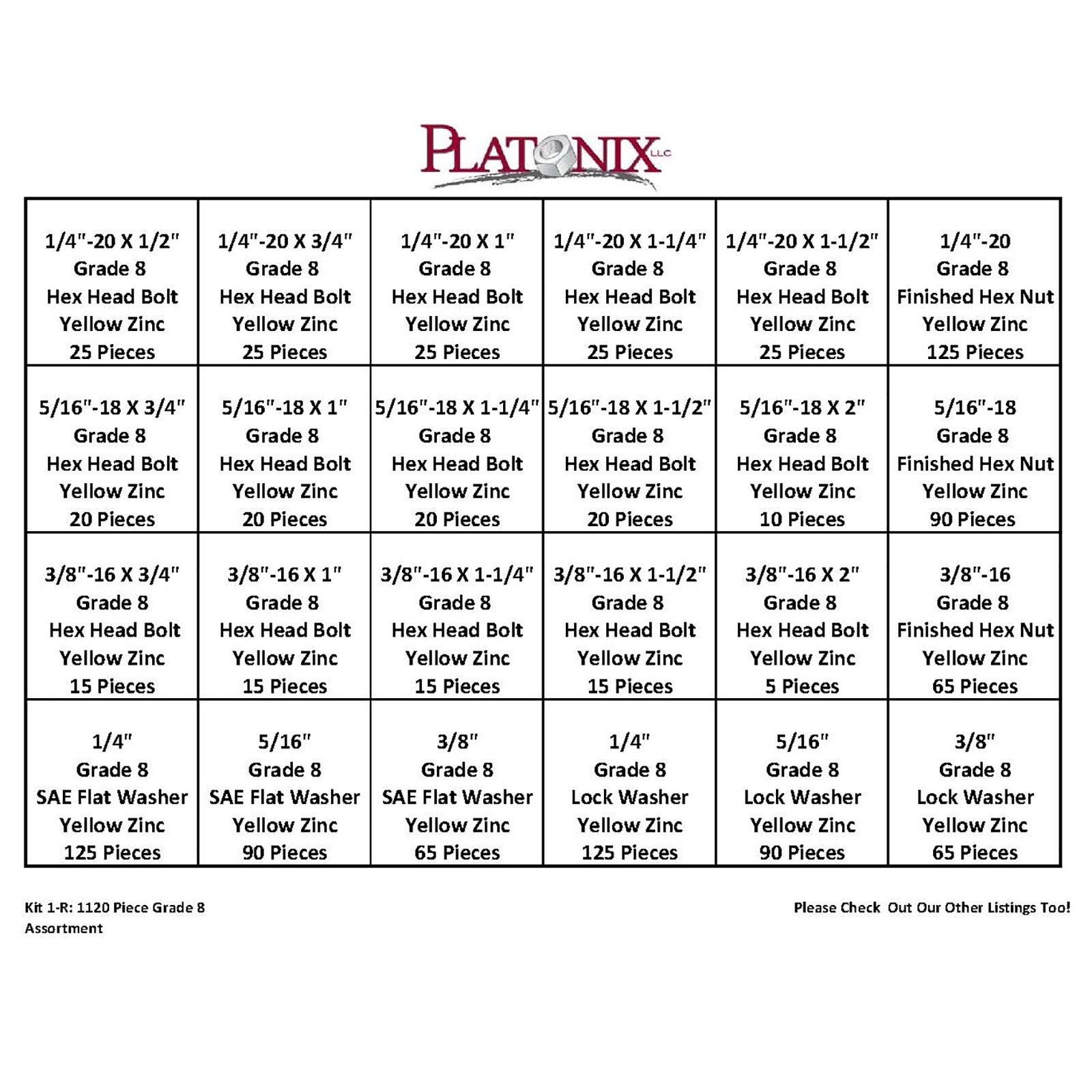 (1,120) Piece Grade 8 Hex Head Bolt / Washer / Nut Assortment Refill Kit #1R