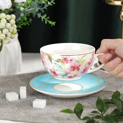 Pink Floral Tea for One Tea Cup and Saucer Set with Gold Trim Porcelain Tea a...