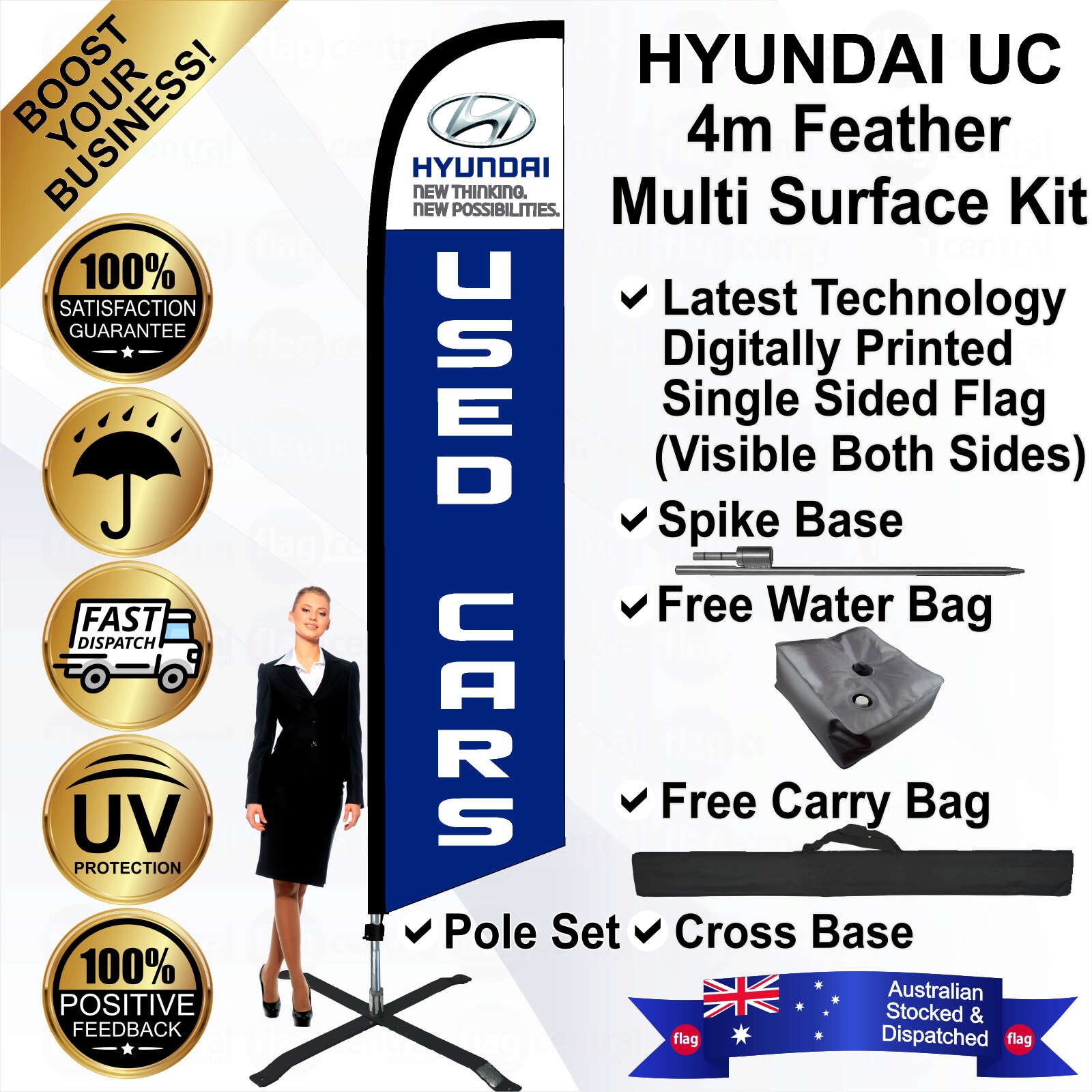 HYUNDAI USED CARS Blue 4m Feather Flag / Banner Kit with Pole Set, Galvanised Steel Ground Spike, Steel Outdoor Cross Base, Free 15kg Water Bag and a Free Carry Bag