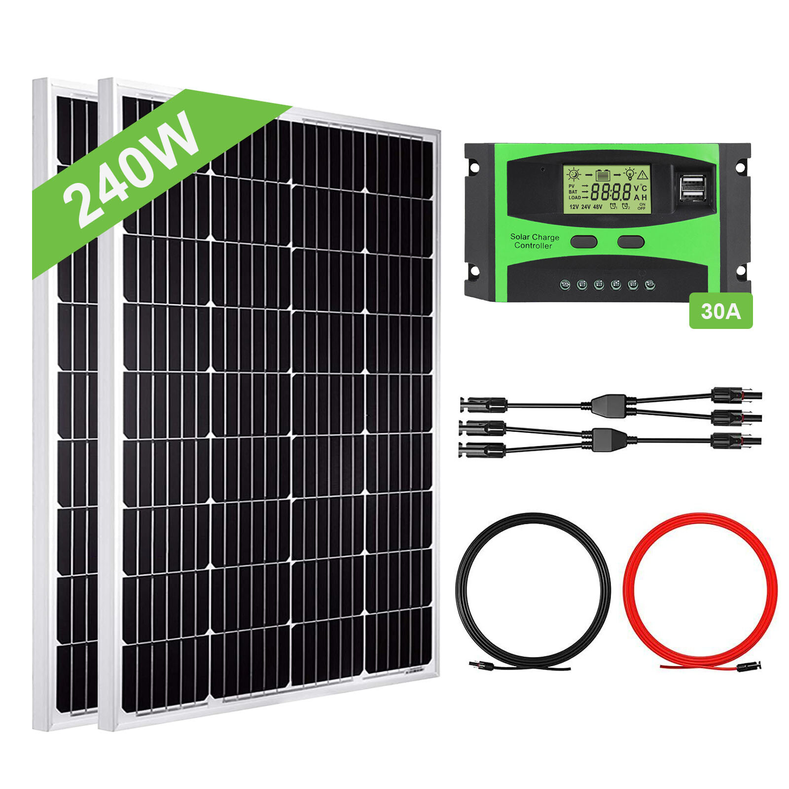 240W 12V Mono Solar Panel Premium Kit W/ 30A Charge Controller Off Grid System