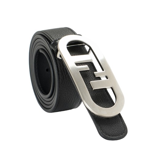 Pre-owned Fendi Men's Leather Reversible  O'lock Stud Fastening Logo Print Belt In Black / Siver