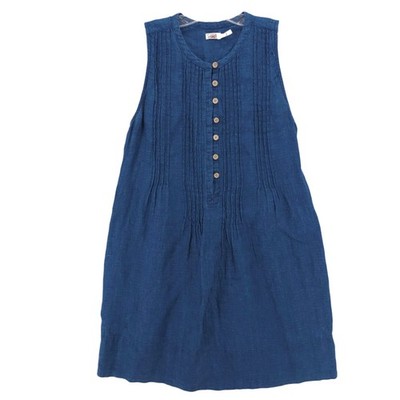 FAHERTY Indigo Blue Isha Dress Sleeveless 100% Linen Woven Basketweave XS