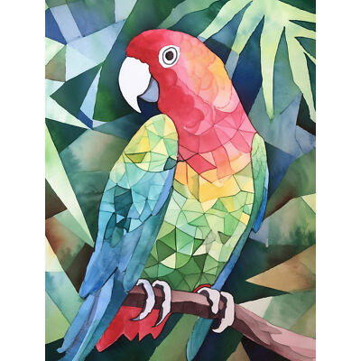 Polygon Parrot Bird On Tree Branch Watercolour Wall Art Print Picture 18X24 In
