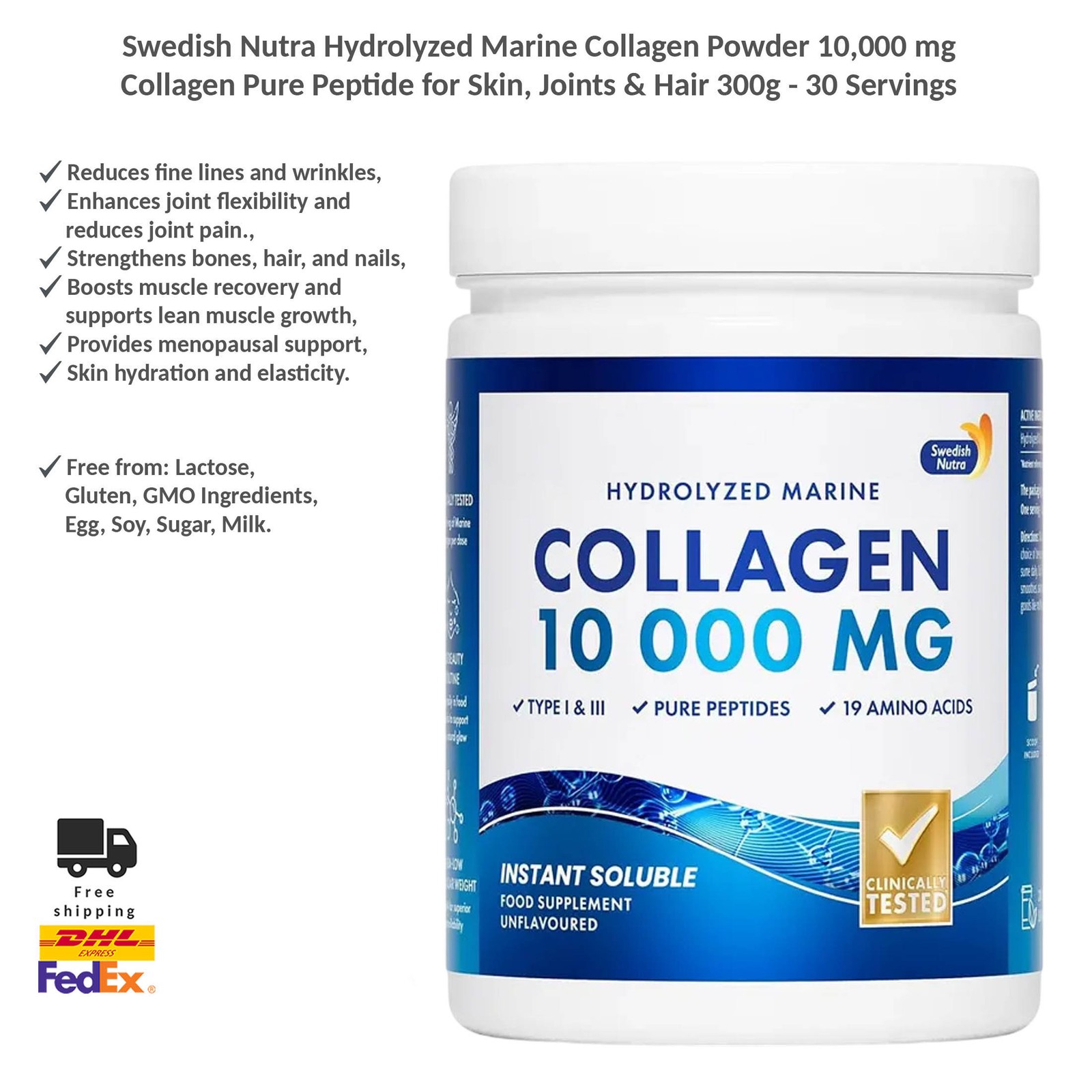 Swedish Nutra Hydrolyzed Marine Collagen Powder 10,000 mg for Skin, Joints 300g
