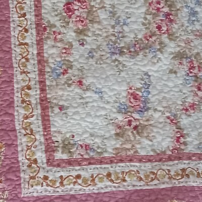 Vintage 88 X 90 Queen Size Pink Pastel Floral Cotton Quilt Bedspread Reverable