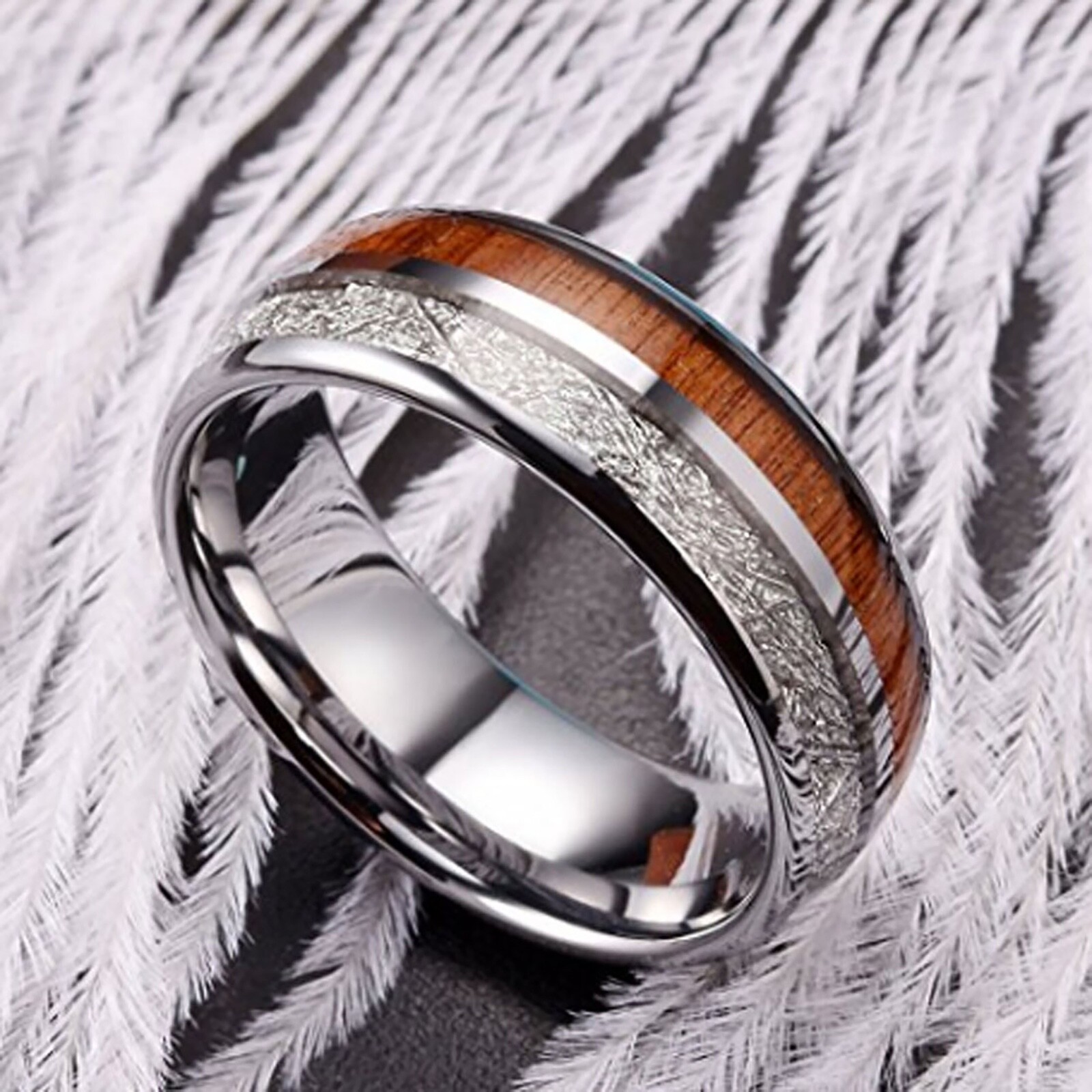 Tungsten Wedding Ring Mens Ring Wood & Meteorite Inlay Tungsten Ring Mens Band
