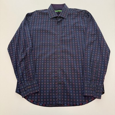 Bristol & Bull Geometric Grid Navy Multi Color Cotton Button Down Mens Medium