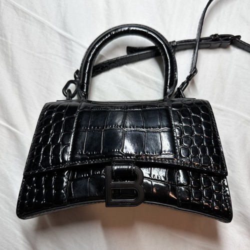 ハンドバッグ Balenciaga Black leather Hourglass handbag Hourglass XS croc-effect leather crossbody bag in black