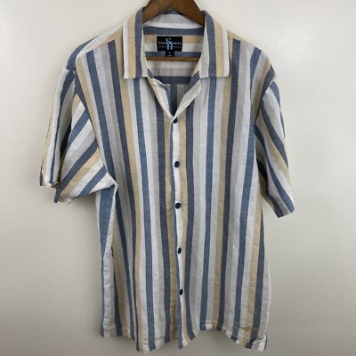 Steve Harvey Linen Blend Shirt Mens XL Blue & White Striped Short Sleeve Button
