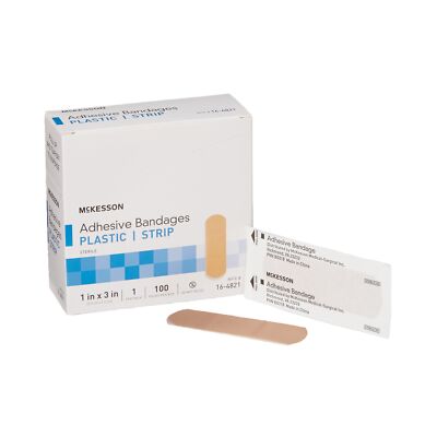 McKesson Plastic Adhesive Bandages Band-Aid Strips Sterile 1 X 3'' Tan 100 Ct