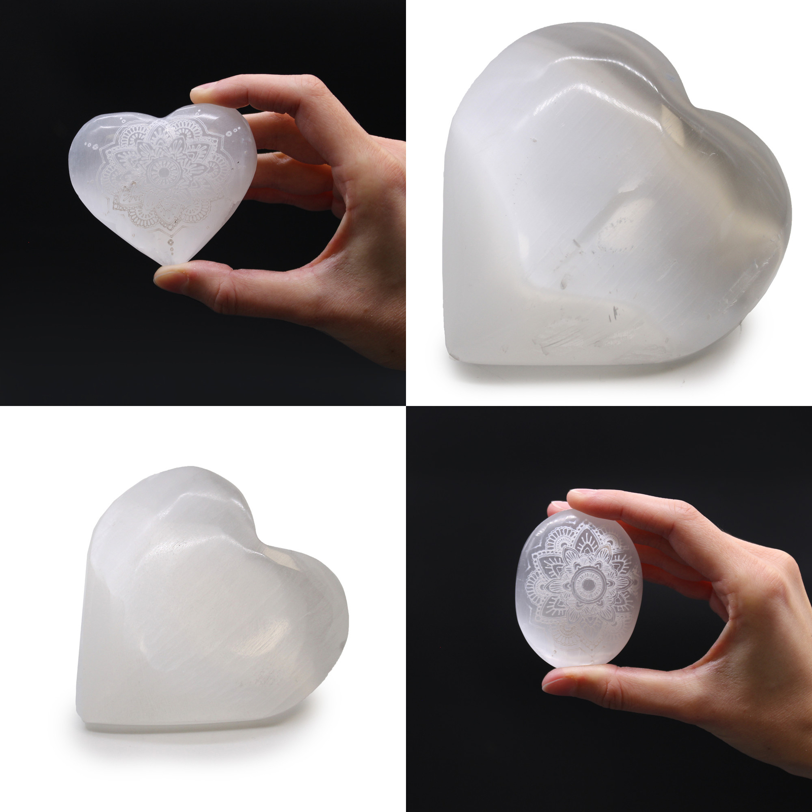 Selenite Healing Heart Palm Stone Mandala Engraved Crystal Gemstone Chakra Reiki