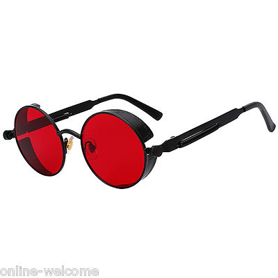 Steampunk Gothic Retro Round Circle Sunglasses Black Metal Frame Red Lens C12