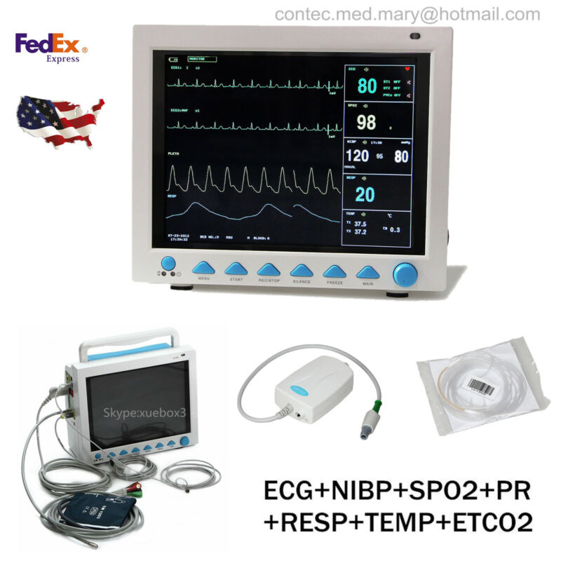 Etco2  12.1" Icu Patient Monitor Ecg Nibp Spo2 Resp Temp Pr Cms8000 +3y Warranty