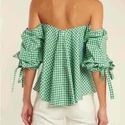CAROLINE CONSTAS Gabriella Off The Shoulder Green Gingham Bustier Top Small