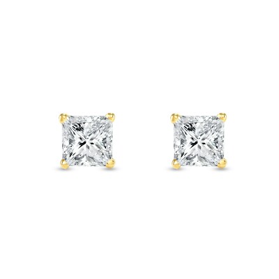 Pre-owned Shine Brite With A Diamond 2.25 Ct Princess Cut Earrings Studs Solid 14k Yellow Gold Push Back Basket In White/colorless