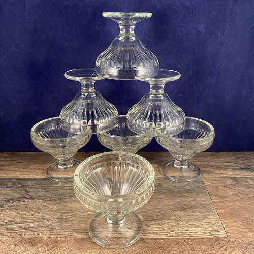 Set of 7 Footed Fruit Dessert Bowl Cups Clear Glass Ribbed Pedestalled