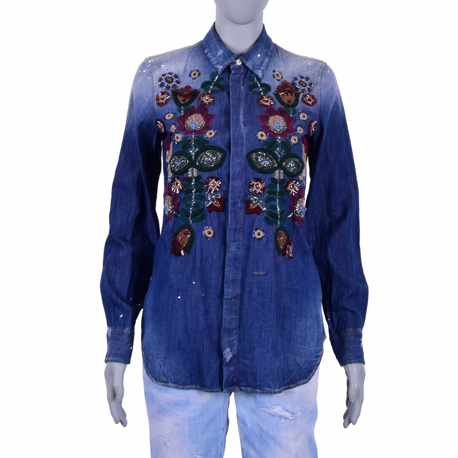 

DSQUARED2 Джинсовая блузка-рубашка с джинсовой рубашкой DSQUARED Western с цветочной вышивкой Синяя 07205, Синий
