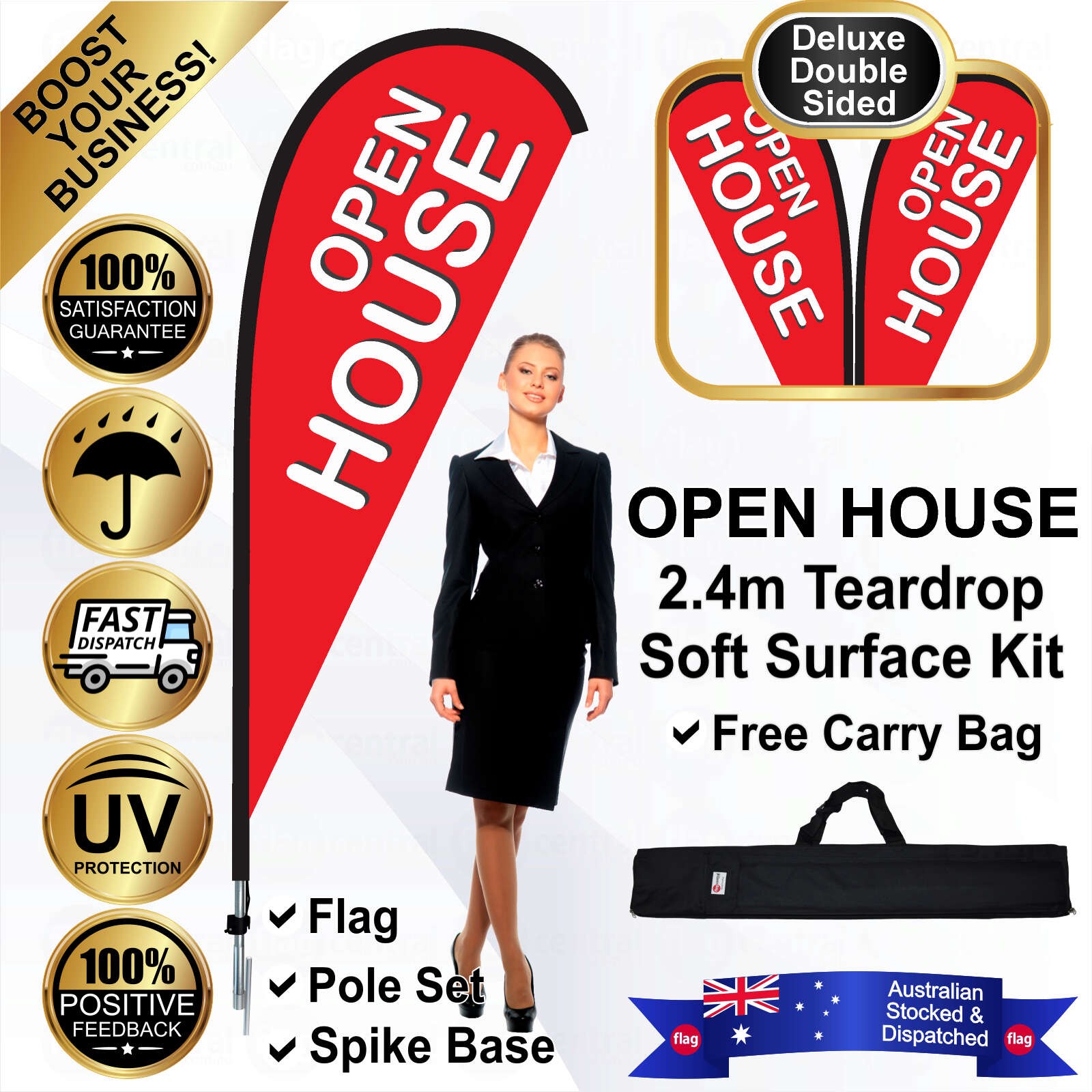 OPEN HOUSE Deluxe Double-Sided Red 2.4m Teardrop Flag / Banner Kit with Pole Set, Galvanised Steel Ground Spike and a Free Carry Bag