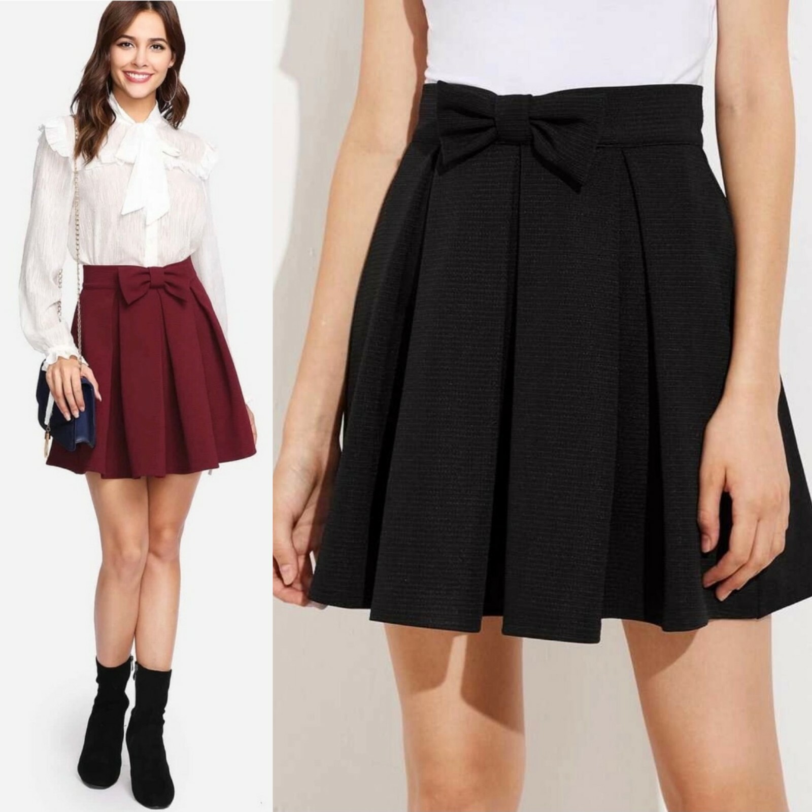 ワンピース Ribbon Preppy Pleated Skirt Black Women Bow Front Box Pleated Preppy Flared Skirt | eBay